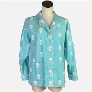 PJ Salvage Women XS WARM Aqua Blue/White SKULLS Flannel Pajama Top KIND IS COOL
